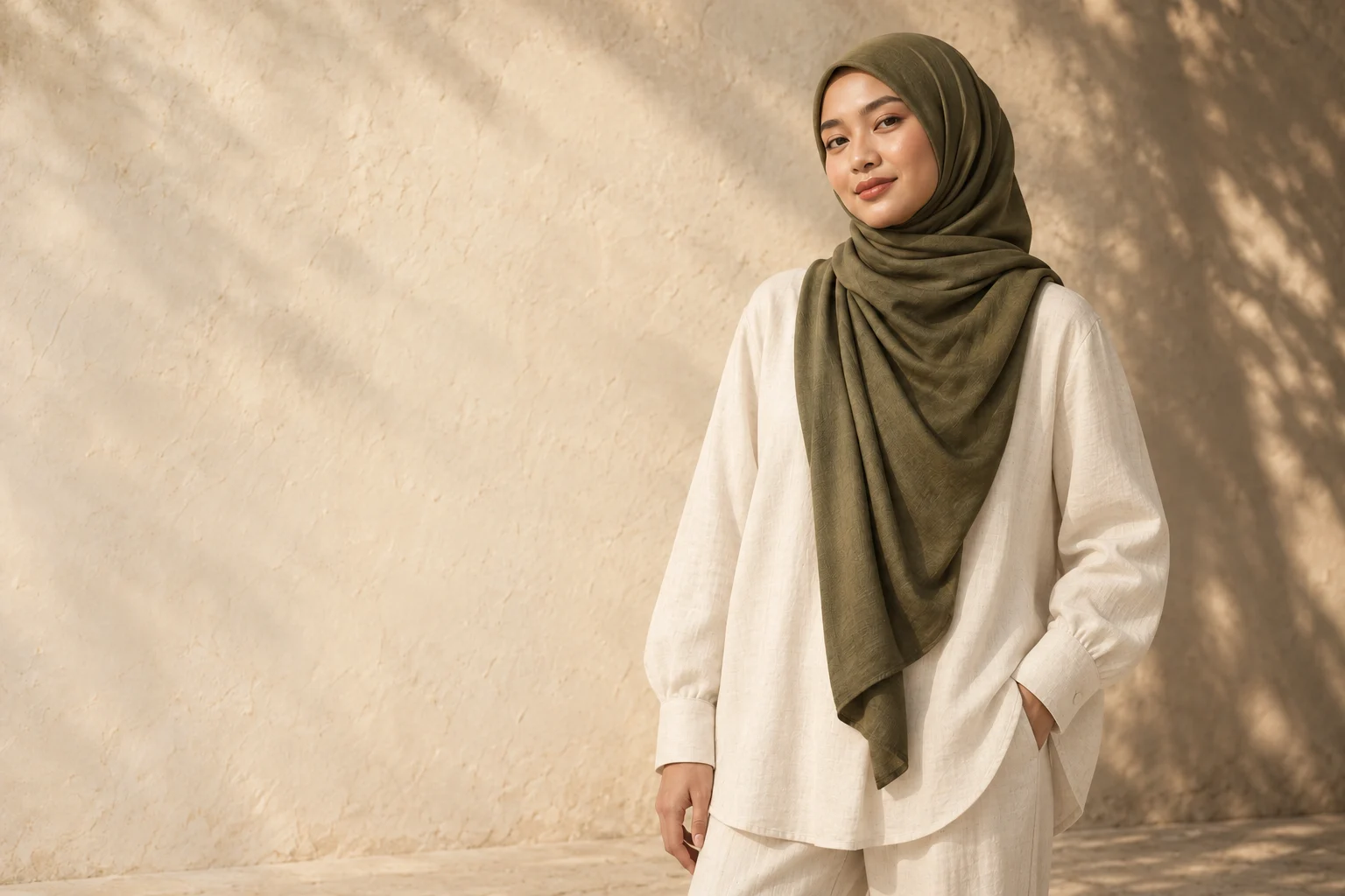 A woman wearing an olive tudung draped over her chest, with a loose cream outfit and fully covered wrists, in warm afternoon light.
