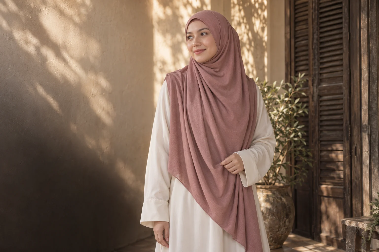 Alun’s dusty rose tudung, worn with a loose ivory outfit and covered wrists beside warm wooden shutters.