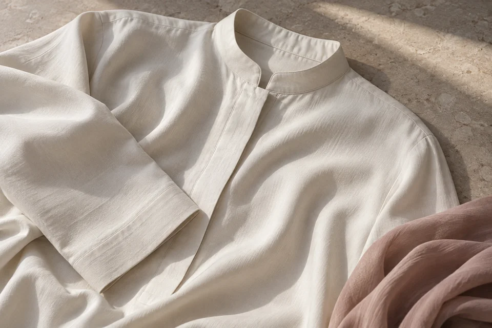 An ivory tunic collar and cuff beside softly folded dusty-rose fabric.