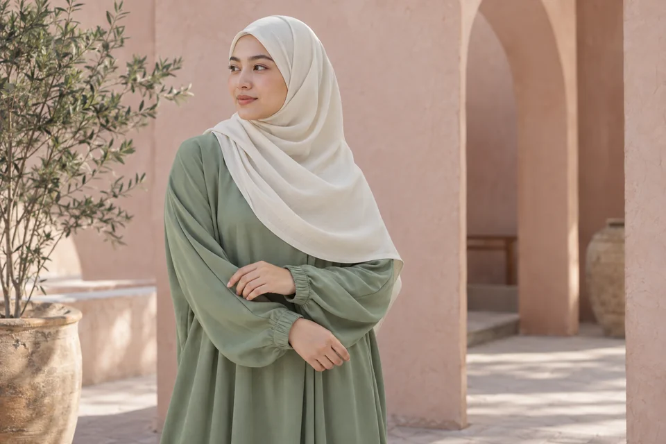 A woman in an ivory hijab and loose sage dress, with full sleeves and a generous drape.