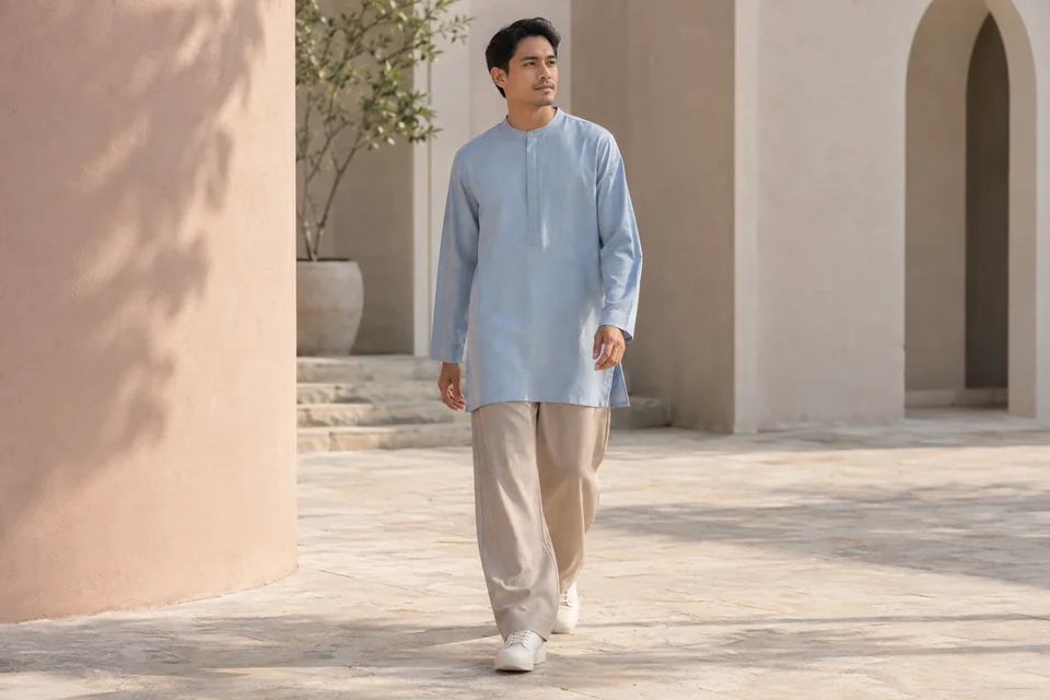 A man walking through a sunlit courtyard in a loose blue tunic and full-length stone trousers.