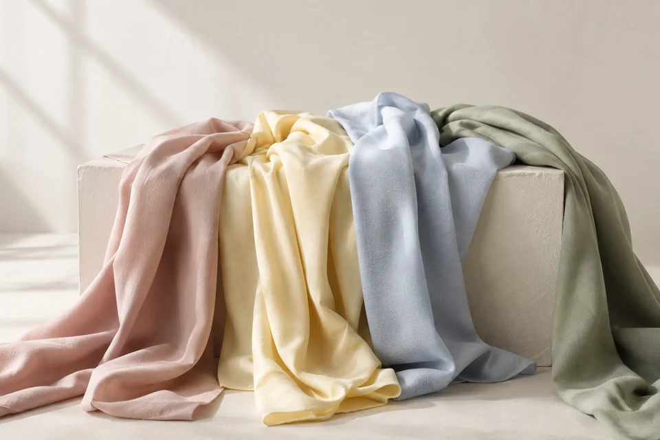 Blush, butter-yellow, powder-blue and sage fabrics draped over an ivory plinth.