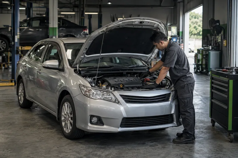 Imej konsep mekanik memeriksa kenderaan di ruang servis