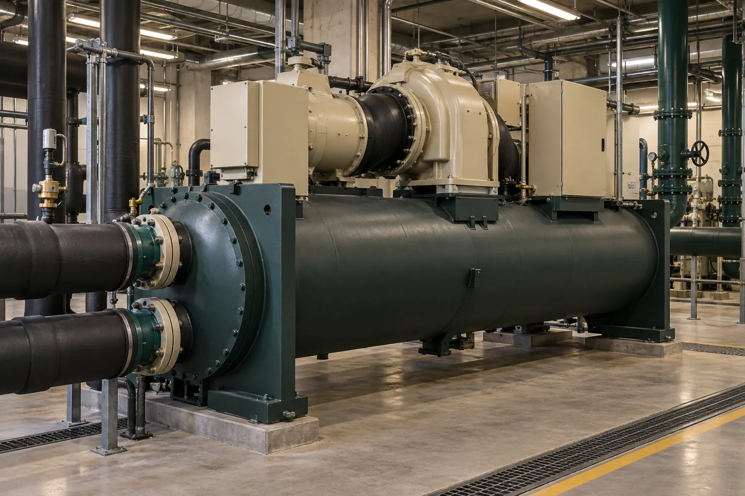 Detail of insulated water pipes and flanged chiller connections