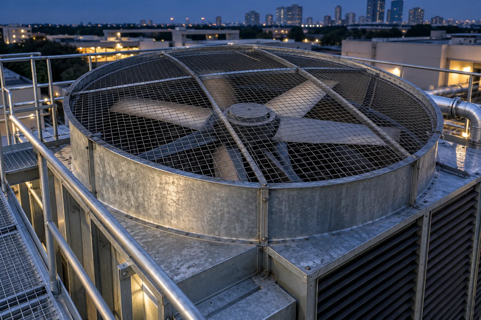 Cooling tower fan beneath a steel safety guard, with casing and intake louvers