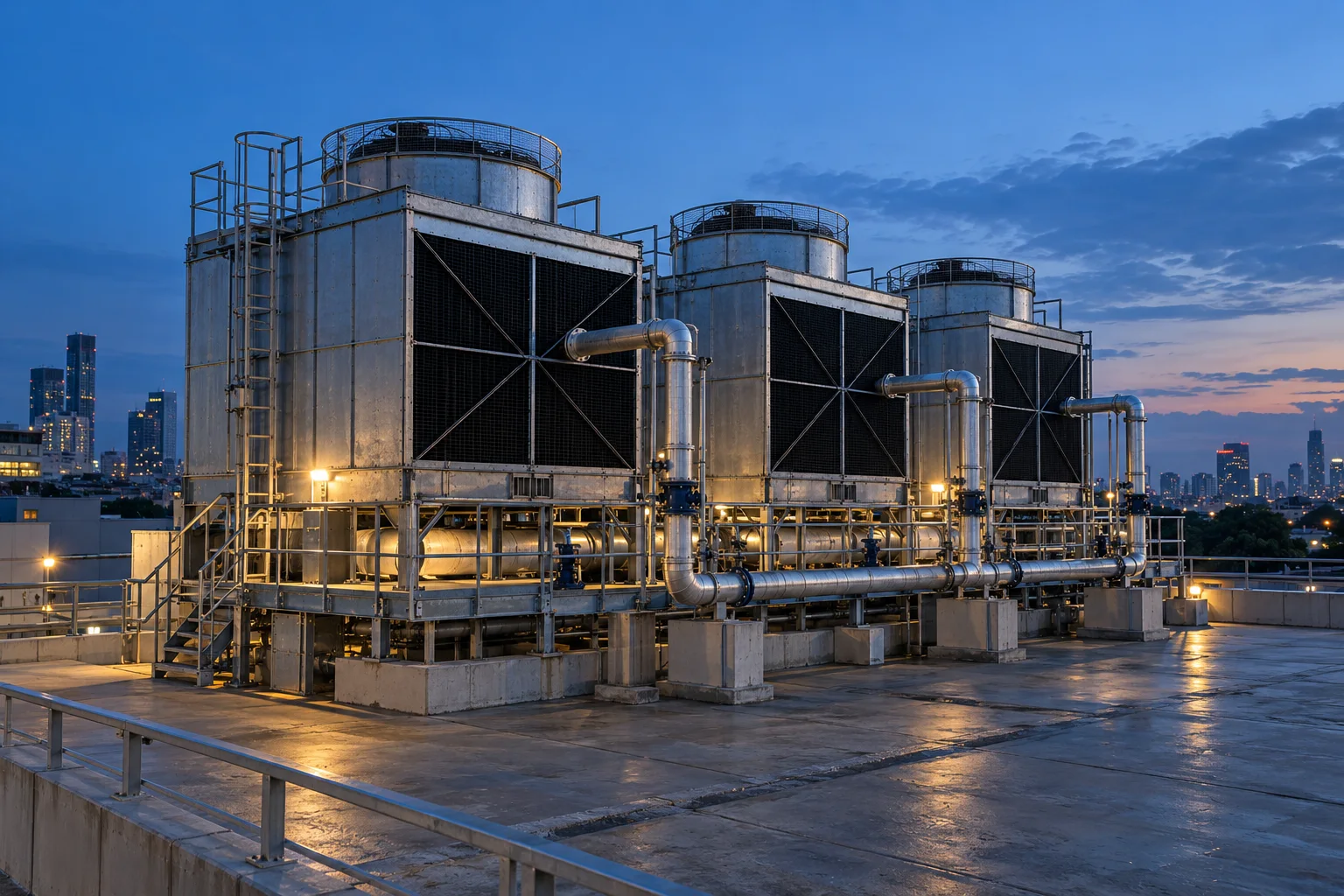 Three cooling tower cells, connected pipework and access walkways on a commercial rooftop