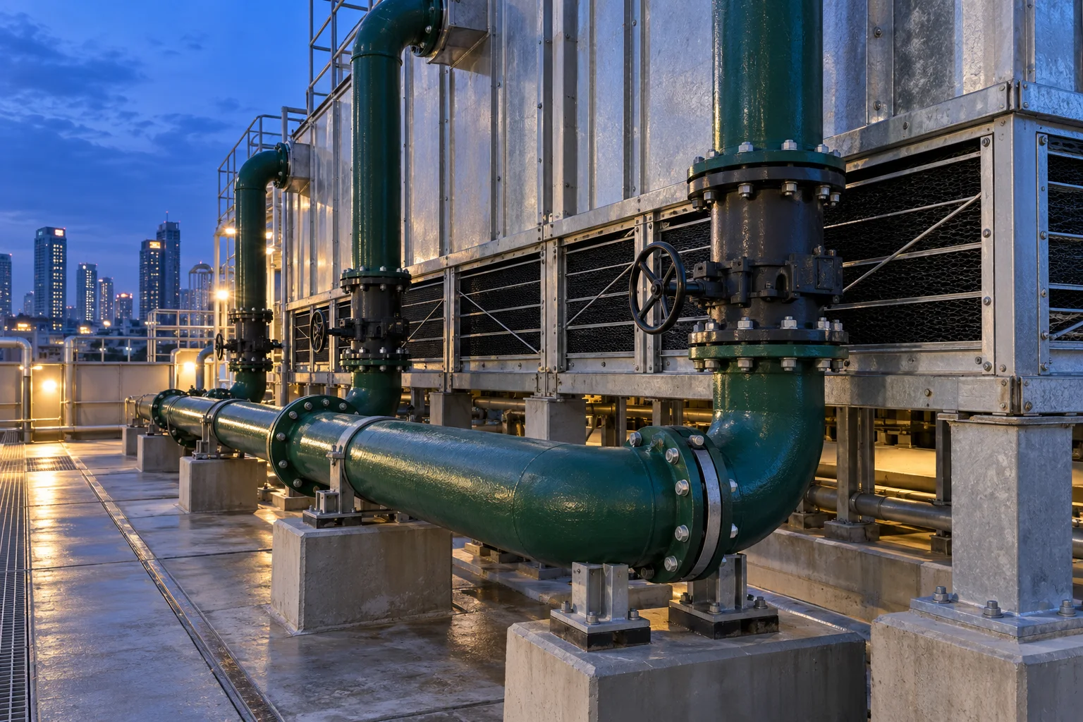 Supported green water pipes, flanged connections and valves beside cooling tower louvers