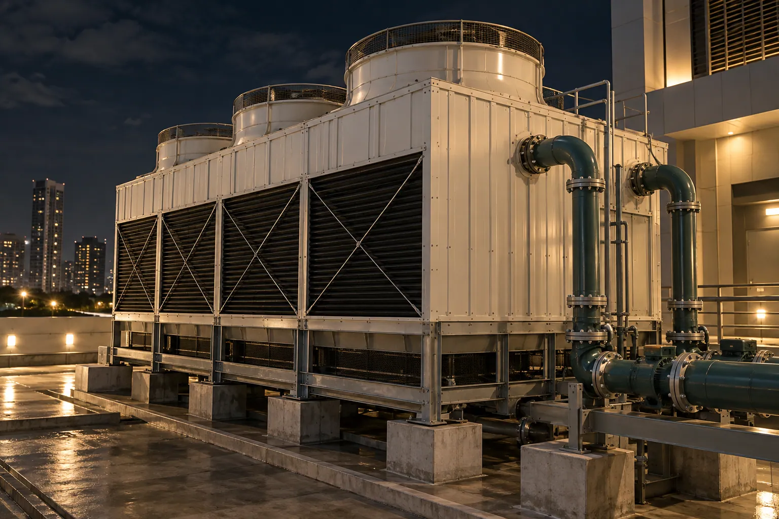 Illustrative commercial cooling tower and connected pipework