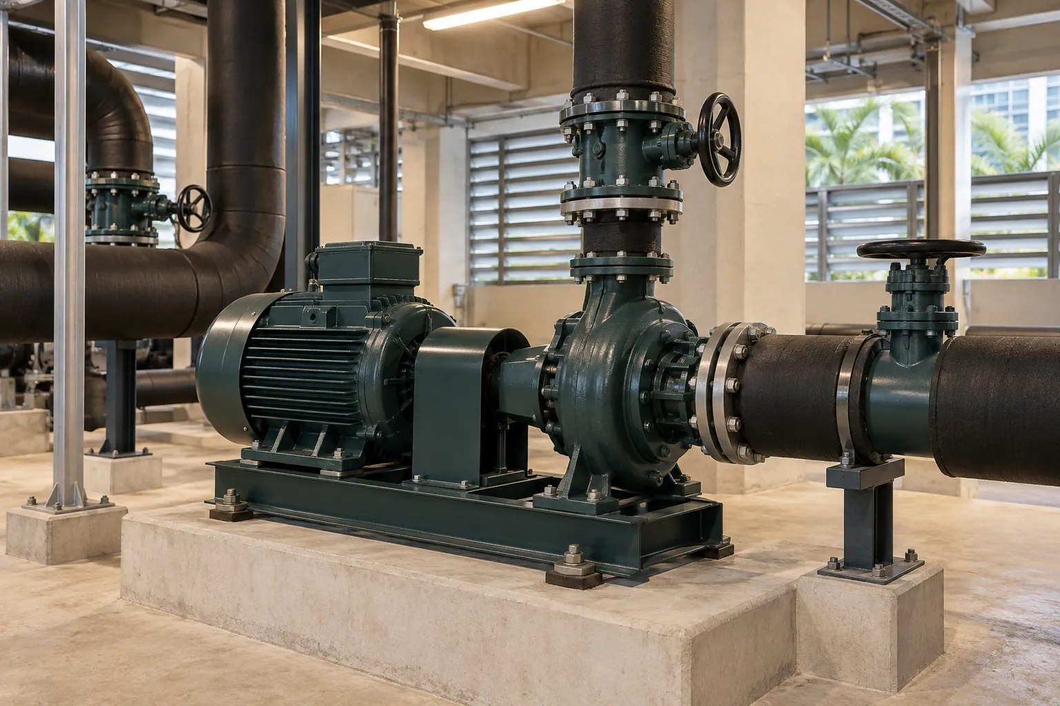 Detail of the pump casing, flanges and isolation valve