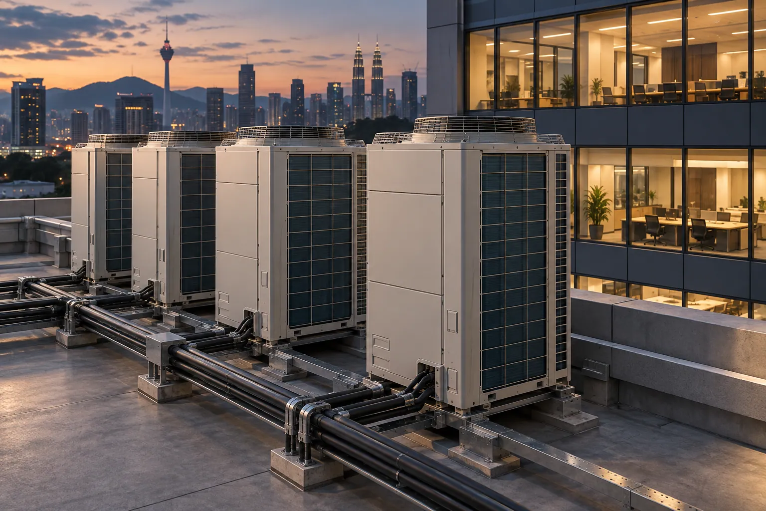 Detail of insulated pipe connections and outdoor-unit supports