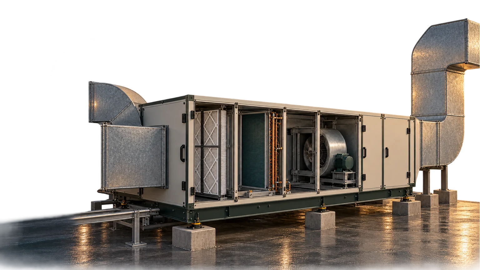 Representative air-handling unit showing filter, cooling-coil and fan sections