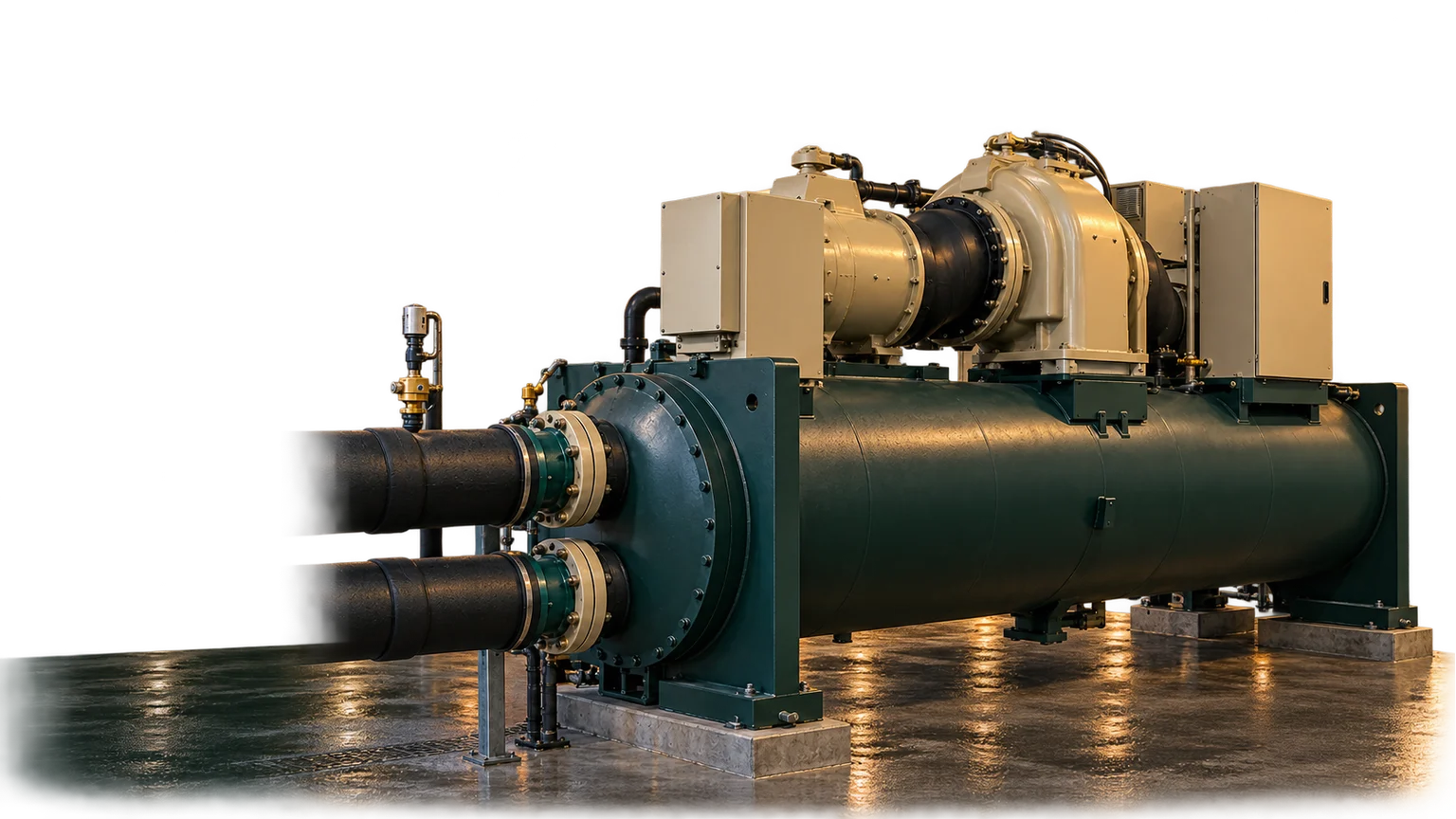 Representative water-cooled chiller with compressor assembly, vessel and water connections