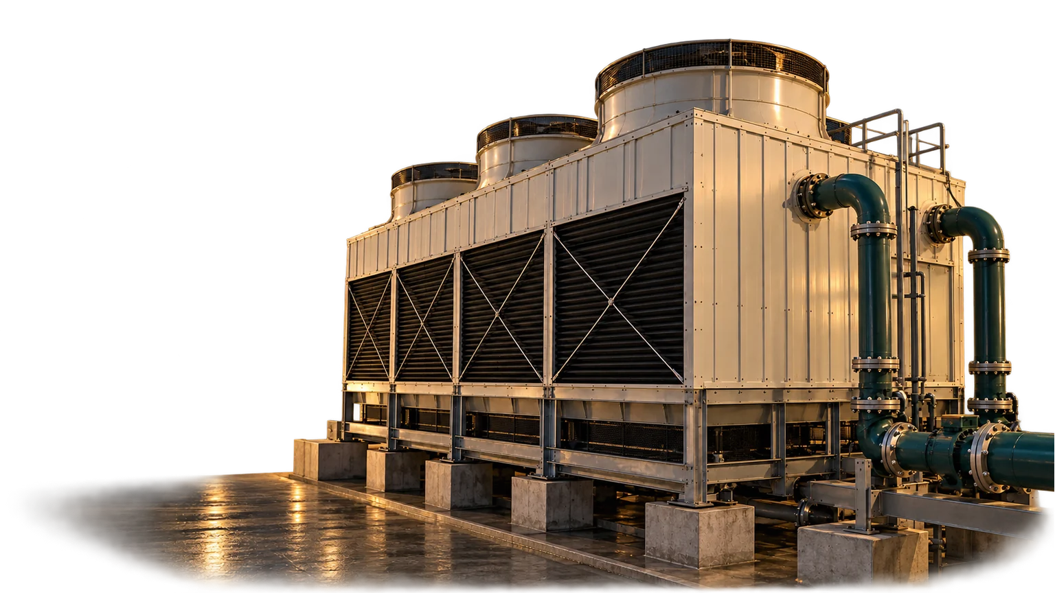 Representative cooling-tower assembly with top fans, louvered air intakes and connected water pipes