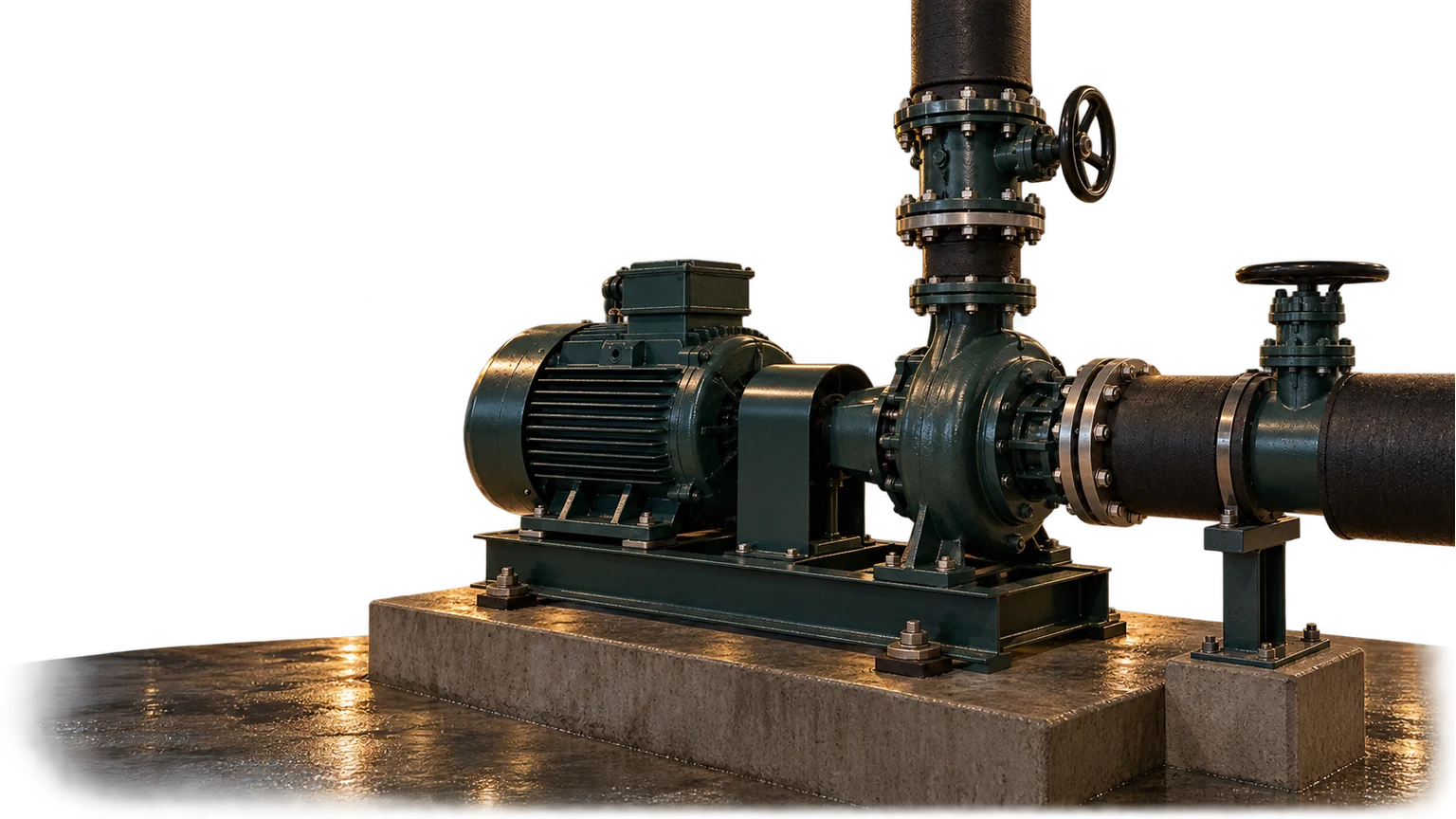 Representative centrifugal water pump, electric motor and connected flanged pipework