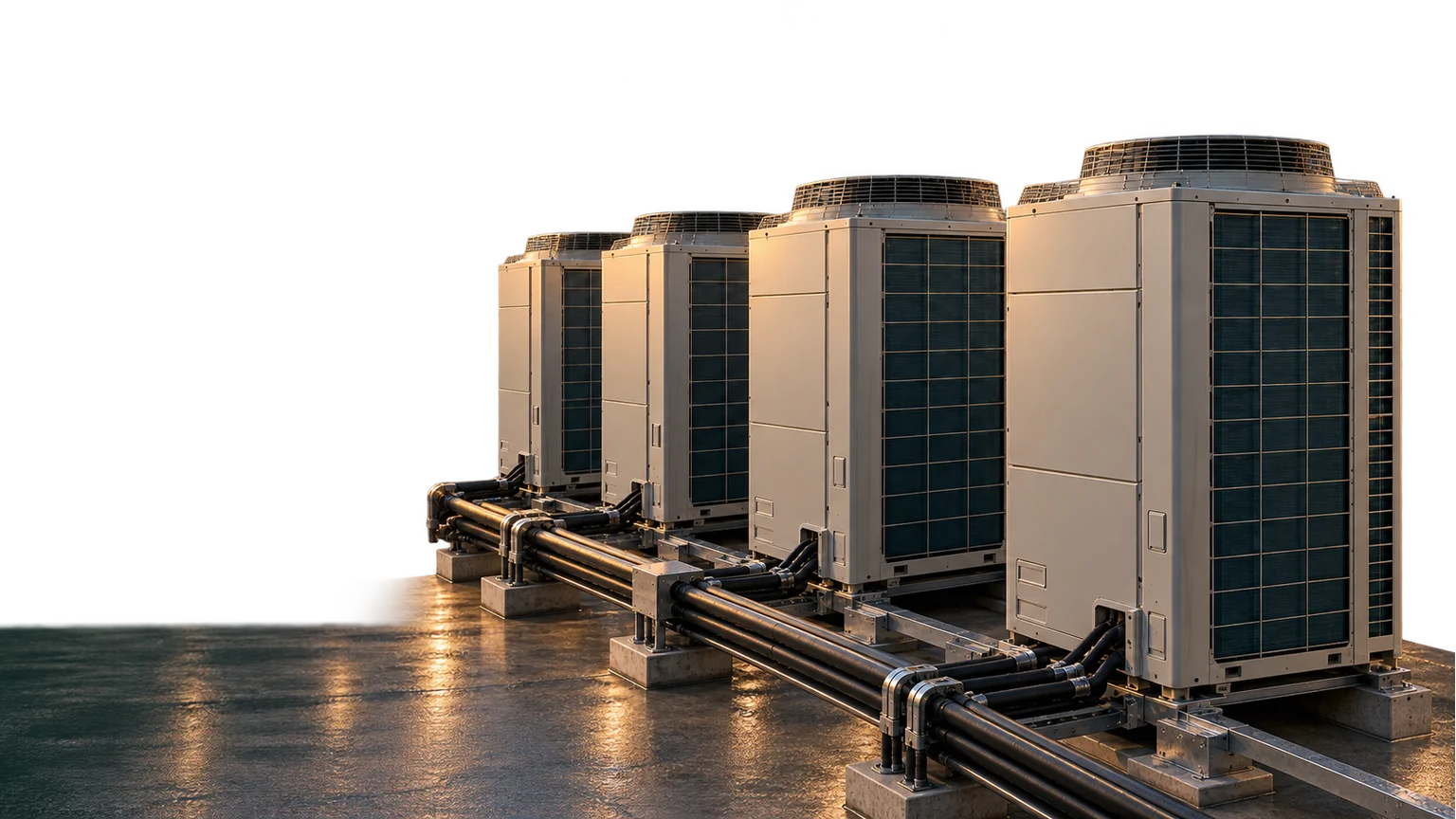 Representative group of VRF outdoor units with fan guards, intake grilles and insulated connections