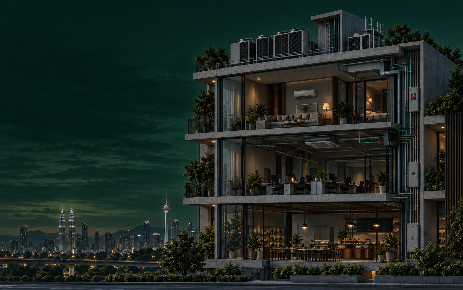 A cutaway building overlooking Kuala Lumpur, with a home above an office and café, showing air-conditioning equipment and electrical systems.