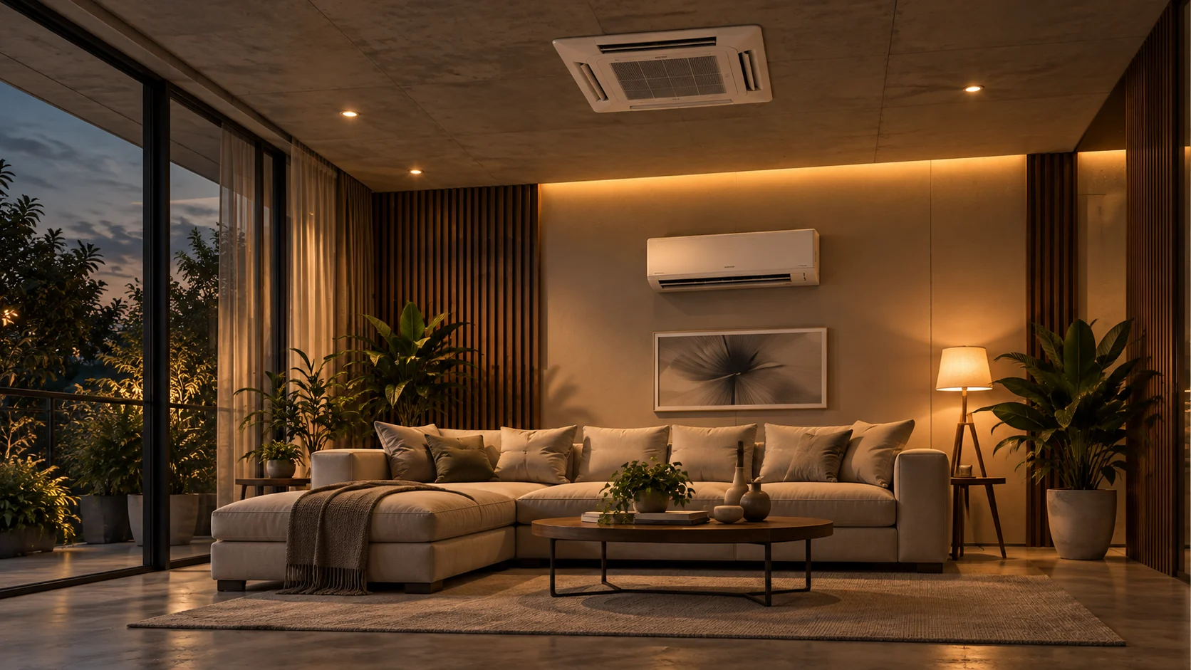 A warmly lit living room with a wall-mounted air conditioner and a recessed ceiling cassette above the sofa.