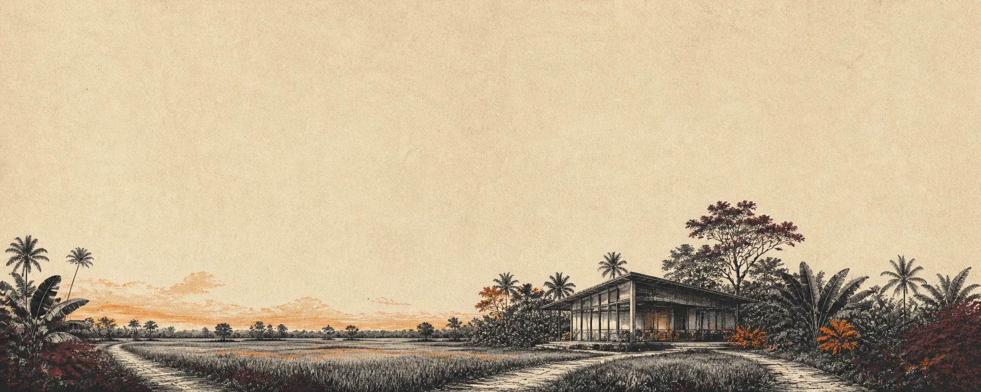Illustrated tropical landscape surrounding a modern workshop