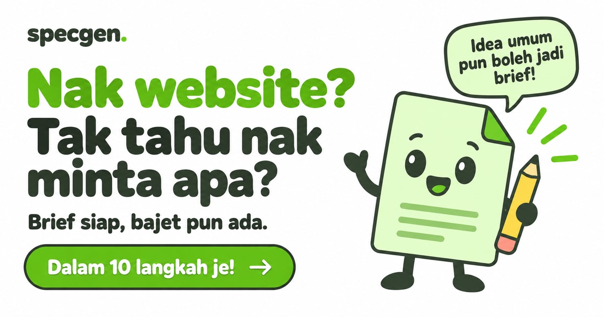 Specgen preview with its green brief mascot and a guided website-planning invitation
